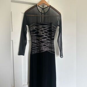 Tadashi Shoji Black Velvet Mesh and Glitter Embellished Long Sleeve Gown Dress
